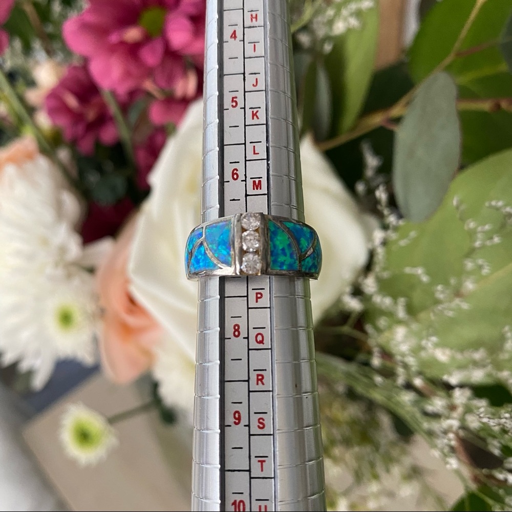 Vintage 925 Sterling Silver Blue Fire Opal Ring - Picture 10 of 12